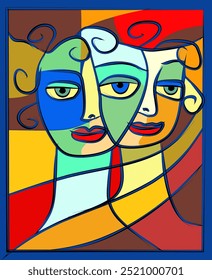 Two abstract faces are depicted  with swirling lines intertwining them, resulting in a modern composition.  geometric shapes and bold lines creates a sense of movement and complexity