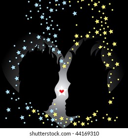 Two abstract faces in love on color background
