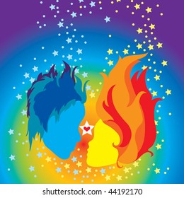 Two abstract faces in love on color background