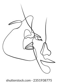 Two Abstract Faces of Man Kissing Woman in Minimal One Line Art Drawing