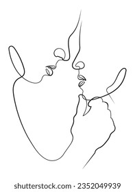 Two Abstract Faces of Man and Woman Looking at Each Other and Man Holding Woman from her Chin in Minimal One Line Art Drawing