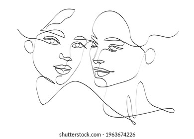 Zwei abstrakte weibliche Gesichter zeichnen mit stetiger Linie, Beauty- und Liebeskonzept, minimalistisch, Vektorgrafik für T-Shirt, Printdesign, Cover, Poster