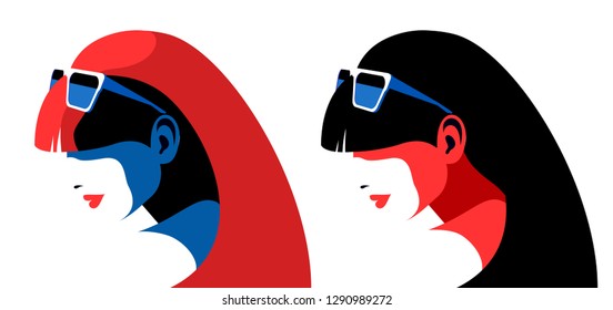 Two abstract female portraits, blonde and brunette. Young woman face, side view, long hair, sunglasses. Vector illustration