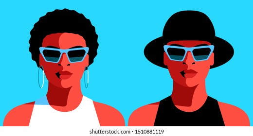 Two abstract female portraits, full face. Young african women, short curly hair, black hat, sunglasses, earrings. Vector illustration