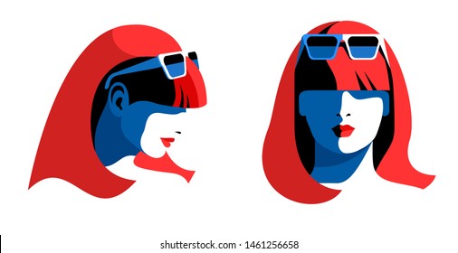 Two abstract female portraits. Young woman face, front view and side view, long hair, sunglasses. Vector illustration