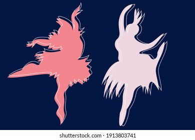 Dos personajes abstractos de ficción de niñas de langostinos bailando en diferentes poses con un tuto de ballet. Figuras angulares y amorfas en tonos rosas sobre azul. Balerinas sin rostro en un estilo plano y minimalista.