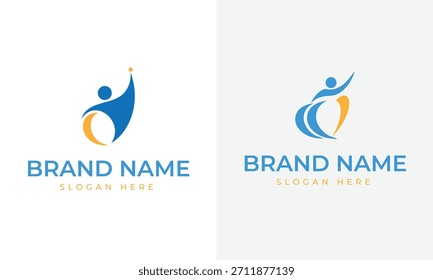 Two abstract figures in blue and orange are shown side by side on a light gray background. The left figure reaches a yellow star, the right has a curved orange swoosh. Both have text placeholders for brand name and slogan.