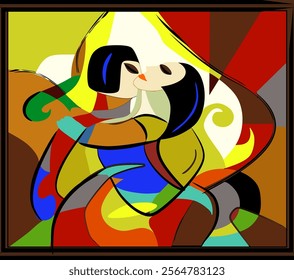 Two abstract figures  an embrace, surrounded by a vivid array of geometric shapes . The composition showcases a dynamic interplay of curves and angles