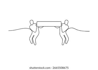 Two abstract figures holding a blank rectangular sign together with single line outline