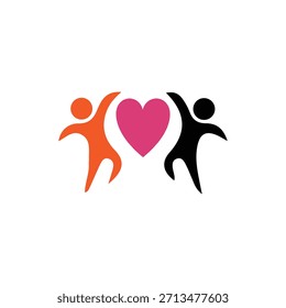 Dos figuras abstractas, una naranja y otra negra, abrazan un corazón rosa, que simboliza el amor, la unidad y la conexión.