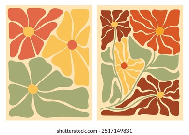 Dois desenhos florais abstratos em tons terrosos de vermelho, laranja, amarelo, verde e marrom.