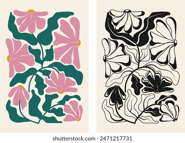 Two abstract floral posters. Black and white and color illustration in trendy naive retro hippie style 60s 70s. Modern poster and background. Vector illustration