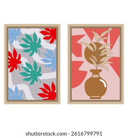 Two abstract floral posters. vector illustration of flowers in vase in trendy naive retro hippie style of 60s 70s. Modern poster and background.