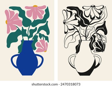 Two abstract floral posters.Black and white and color vector illustration of flowers in vase in trendy naive retro hippie style of 60s 70s. Modern poster and background. Vector illustration