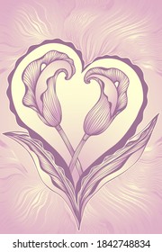 Two abstract flowers callas in form of heart  pink lilac in line art Zen tangle or Zen doodle style for invitation or  congratulation  wedding or  for creative Post Card with Love