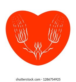 Two abstract flowers symmetrically arranged in heart. Valentines Day. Isolated on white background