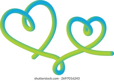 Dos corazones fluidos abstractos entrelazados con un gradiente vibrante de colores azul y verde sobre un fondo blanco