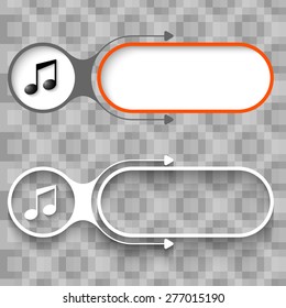 Two abstract frames with arrows and music symbol