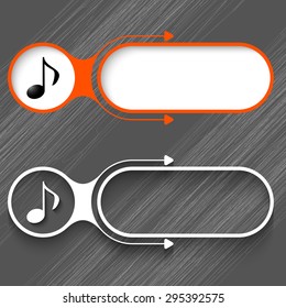 Two abstract frames with arrows and music symbol