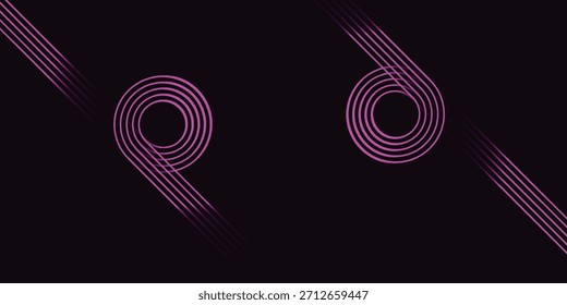 Zwei abstrakte geometrische Designs mit konzentrischen violetten Kreisen, die in parallele diagonale Linien auf dunklem, minimalistischem Hintergrund übergehen und ein modernes und dynamisches Bild erzeugen.
