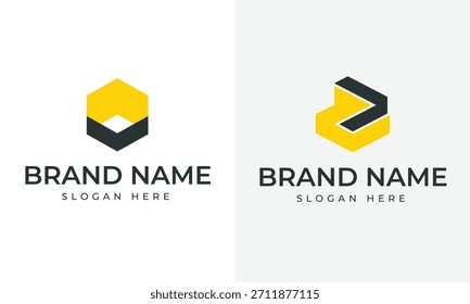 Dos logotipos geométricos abstractos en amarillo y gris oscuro se muestran uno al lado del otro sobre un fondo blanco. Los logotipos presentan ángulos nítidos y Formas en capas.