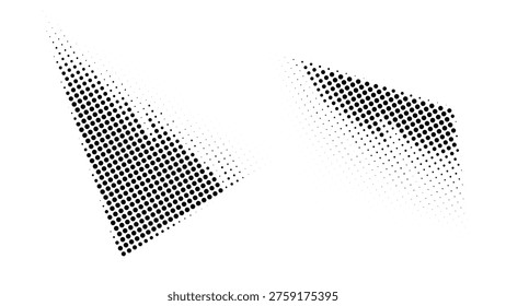 Two abstract geometric shapes composed of black dots in a halftone pattern, isolated on a white background.