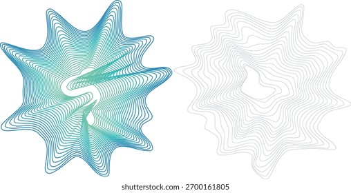 Two abstract geometric shapes formed by wavy lines, one with a blue-green gradient and the other in monochrome blue, on a white background.