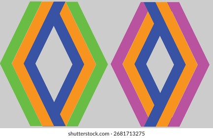 Two abstract geometric shapes with layered colored stripes and a diamond center vector