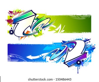 Two abstract graffiti banners. Bright dirty grunge vector illustration.
