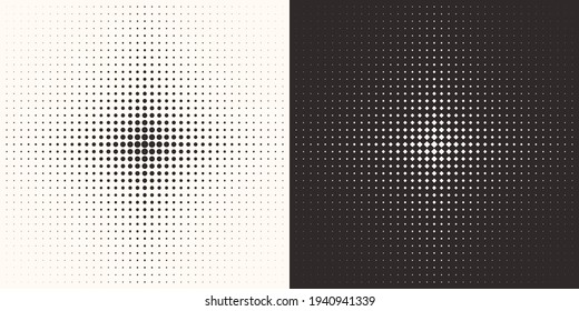 Two abstract halftone backgrounds with dots and rhombus. Black and white illustration.