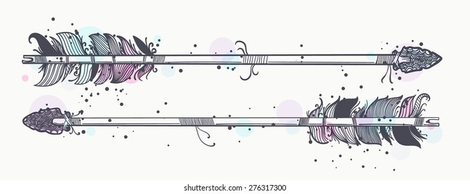 Two abstract hand drawn doodle shooting tribal arrows isolated on white. EPS10 vector illustration.