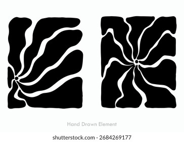 Dos diseños cuadrados abstractos dibujados a mano con Formas orgánicas en blanco y negro, irradiando desde un punto central.