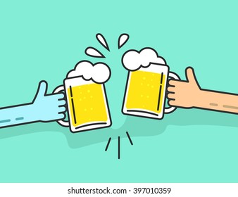 Two abstract hands holding beer glasses, beer glasses foam clinking, friends toasting, concept of cheering people party celebration in pub, flat outline art line design vector illustration isolated