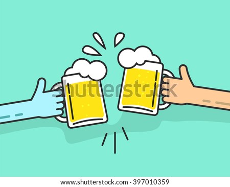 Two abstract hands holding beer glasses, beer glasses foam clinking, friends toasting, concept of cheering people party celebration in pub, flat outline art line design vector illustration isolated