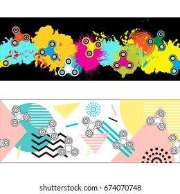 Two abstract headers with fidget spinners for you website design. Vector geometric background. Vector colorful splashes. Horizontal banner set templates vector
