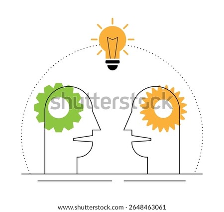 Two Abstract Heads Generating a Bright Light Bulb Idea. Discussing business and offering a collective solution to a problem vector art