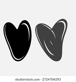 Dos Formas de corazón abstractas, una negra y otra gris, con reflejos blancos sobre un fondo blanco liso.