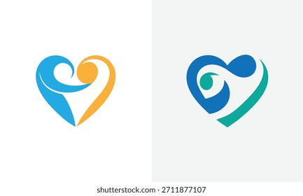 Dos Formas abstractas del corazón lado a lado. El corazón izquierdo es azul y naranja. El corazón derecho es azul y verde.