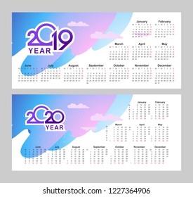 two abstract horizontal calendar templates for 2019 and 2020, on a white background