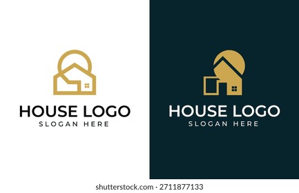Dos logotipos abstractos de la casa en oro con un elemento de sol se muestran uno al lado del otro sobre fondos blancos y azules oscuros con el texto que los acompaña.