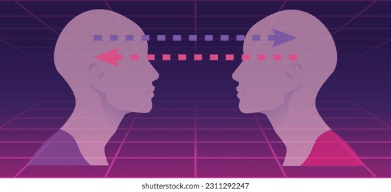 two abstract human head profiles facing each other with arrows representing thoughts, 1980s retrowave background. Telepathy concept. vector illustration