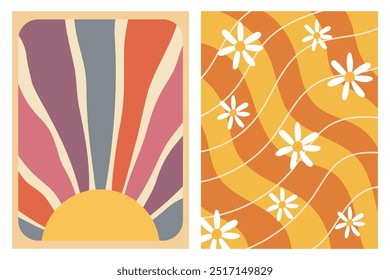 Two abstract illustrations featuring a retro sun and daisies on a wavy background.