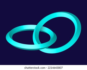 Two abstract interlocking rings. Two interlocking mint rings on dark blue background. Quality realistic vector, 3d illustration or your web site design, app, UI. EPS10.