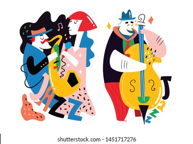 Dos afiches abstractos de jazz. Hombre con contrabando, hombre con saxofón y mujer cantante. Ilustraciones vectoriales coloreadas. Diseño plano. Estilo moderno