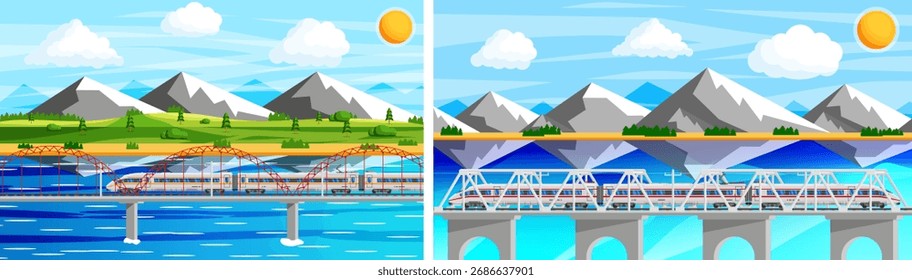 Dos composiciones abstractas del paisaje del tren de alta velocidad que cruza el puente sobre el agua con las montañas y la tierra verde. Concepto de viaje de transporte.