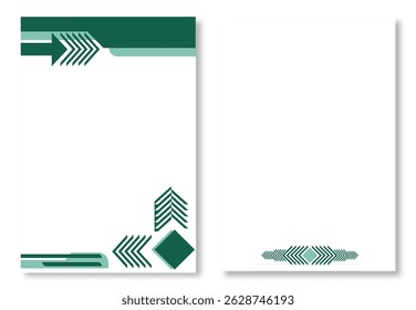 Two abstract letterhead designs, with modern page templates with green arrows and geometric designs on a clean white background.  Modern letterhead design templates