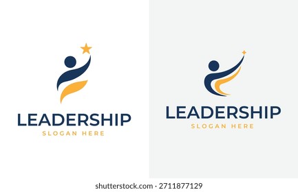 Two abstract logos feature stylized human figures in dark blue and yellow reaching upwards towards a yellow star against a white background.