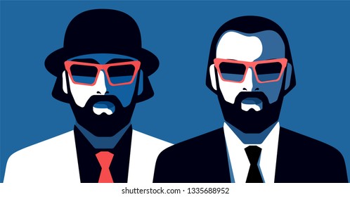 Two abstract male portraits. Bearded man wearing suit, tie, hat and sunglasses. Vector illustration