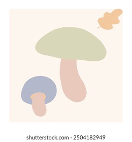 Two abstract mushrooms with pastel colors and a leaf on a light background
