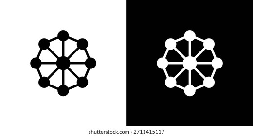 Two abstract network icons show connected dots, one in black on a white background and the other in white on a black background, symbolizing connection.